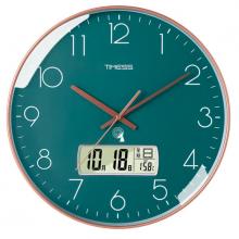 Timess 掛鐘 電波鐘客廳萬年歷鐘表時尚簡約北歐雙日歷溫度時鐘自動對時智能鐘表掛墻表 孔雀綠30CM電波款