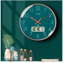 Timess 掛鐘 電波鐘客廳萬年歷鐘表時尚簡約北歐雙日歷溫度時鐘自動對時智能鐘表掛墻表 孔雀綠30CM電波款