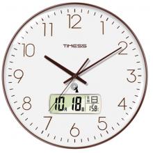 Timess 掛鐘 電波鐘客廳萬年歷鐘表時尚簡約北歐雙日歷溫度時鐘自動對時智能鐘表掛墻表 咖啡色30CM電波款