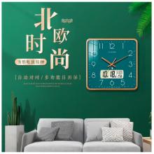 Timess電波掛鐘客廳鐘表萬年歷時鐘雙日歷石英鐘溫度掛表方形薄邊自動對時表掛墻 P61-3金邊綠(電波鐘直徑38厘米)