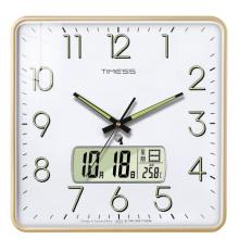 Timess電波掛鐘客廳鐘表萬(wàn)年歷時(shí)鐘雙日歷石英鐘溫度掛表方形薄邊自動(dòng)對(duì)時(shí)表掛墻 P63-2金邊白(夜光電波鐘直徑38厘米)