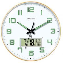 Timess 掛鐘夜光電波鐘客廳掛鐘表臥室智能感光萬年歷時鐘雙日歷溫度掛表自動對時表掛墻 P47-3奢時金(智能夜光電波鐘) 14英寸(直徑35厘米)