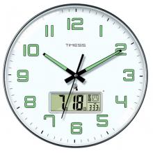 Timess 掛鐘夜光電波鐘客廳掛鐘表臥室智能感光萬年歷時鐘雙日歷溫度掛表自動對時表掛墻 P47-1鋼琴黑(智能夜光電波鐘) 14英寸(直徑35厘米)
