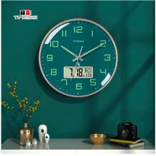 Timess 掛鐘夜光電波鐘客廳掛鐘表臥室智能感光萬年歷時鐘雙日歷溫度掛表自動對時表掛墻 P47-2奢華綠(智能夜光電波鐘) 14英寸(直徑35厘米)