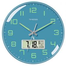 Timess 掛鐘夜光電波鐘客廳掛鐘表臥室智能感光萬年歷時鐘雙日歷溫度掛表自動對時表掛墻 P47-4輕奢藍(智能夜光電波鐘) 14英寸(直徑35厘米)