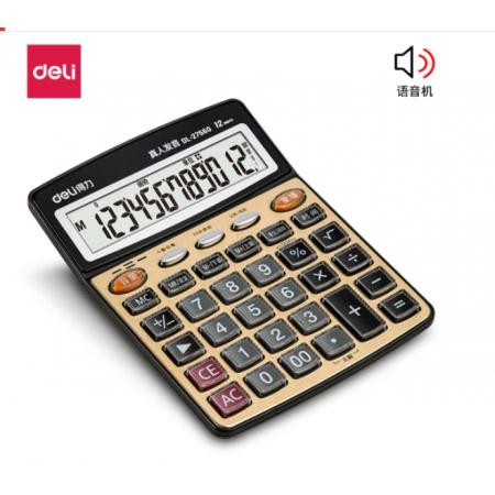 得力(deli)大屏金色面板語音計算器 學生/辦公口算 12位顯示真人語音計算機 辦公文具用品 中號 27560