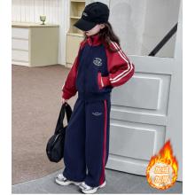 安踏 女大童加絨套裝秋冬季款2024新款洋氣女孩冬季加厚休閑運動兩件套 藏青 160
