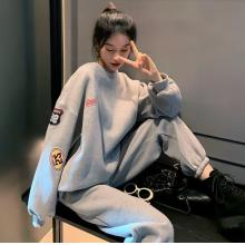安踏徑運動服套裝女秋冬洋氣網(wǎng)紅炸街寬松休閑時尚加絨衛(wèi)衣跑步服兩件裝 灰色 【加絨套裝】 S 建議75-90斤」
